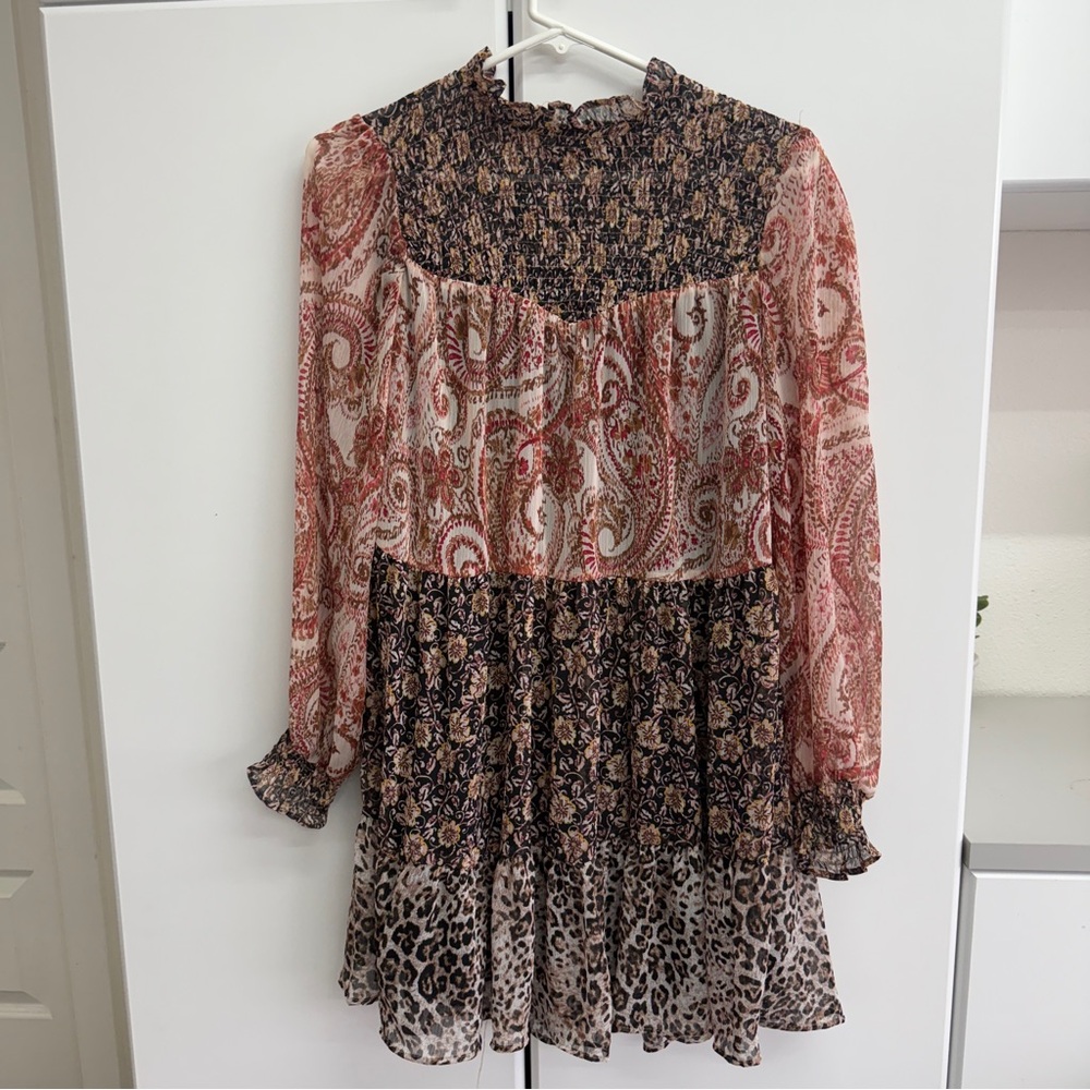 Zara Dress Contrasting Mini Long Sleeve Mock Neck Tiered Paisley Floral Leopard